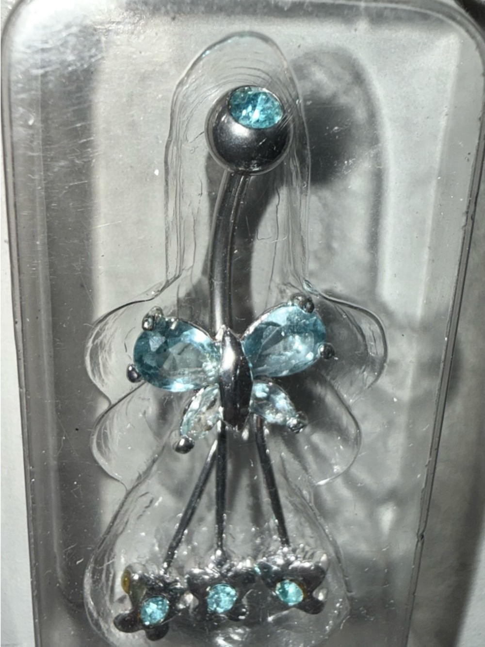 Cato Silver Belly Ring with Aqua Blue Butterfly and Gems